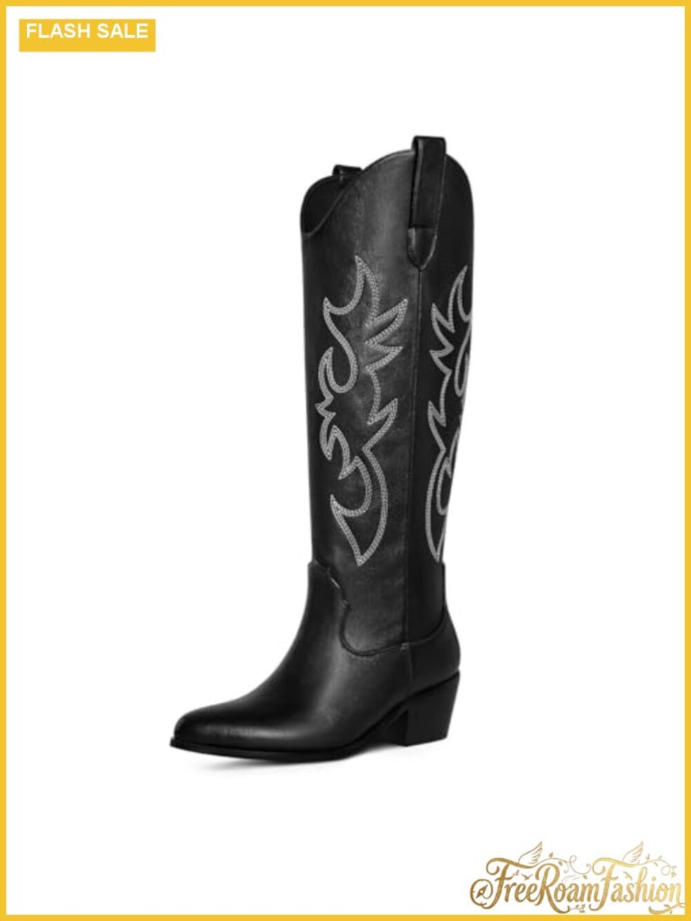 PU Leather Knee High Cowgirl Boots with Embroidery